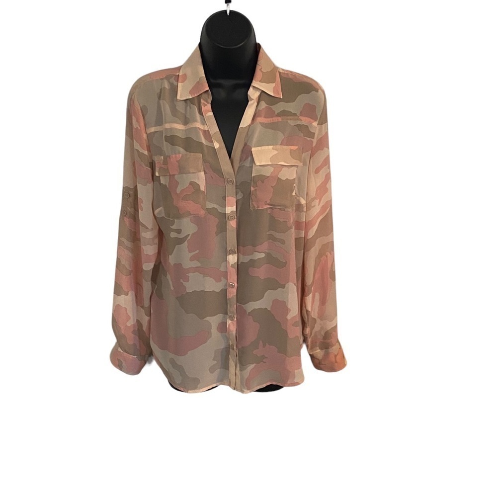 New York and company sheer long sleeve pink camo top size medium